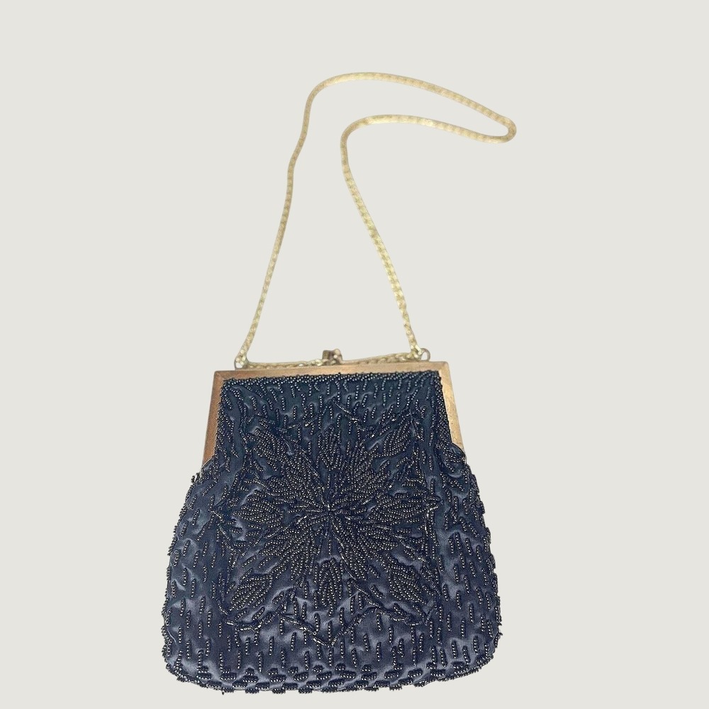 La Regale Vintage Black Beaded Satin Evening Bag Gold Chain Kiss Lock Clutch